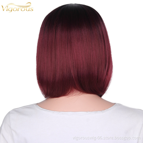 Premium vendor high quality wholesale Ombre red short straight wavy hair synthetic heat resistant wig lace front black women